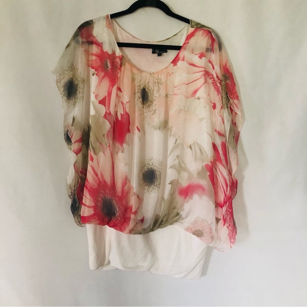 Silk Blouse Flower Print Pink White Size Large Butterfly Sleeve